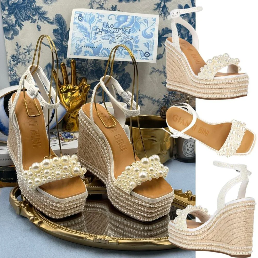 🆕 GIANNI BINI 🧿 NWOB Savanna Pearl Ornamented Platform Wedge Sandals, Sz 8.5